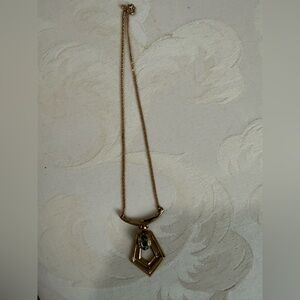 Vintage Gold Tone Art Deco Geometric Pendant Necklace Green Rhinestone Chain